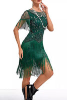Load image into Gallery viewer, Sparkly Apricot Bodycon Fringed Short 1920s Dress with Rhinestones