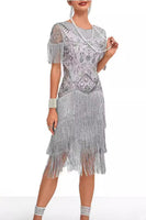 Load image into Gallery viewer, Sparkly Apricot Bodycon Fringed Short 1920s Dress with Rhinestones