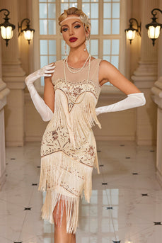 Sparkly Apricot Fringed Bodycon Short 1920s Dress with Sequins