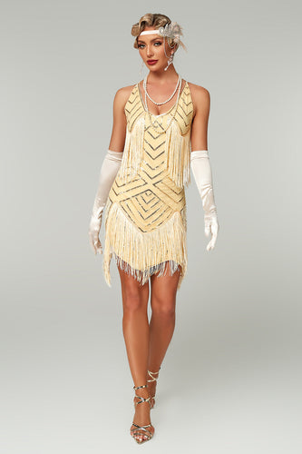 Sparkly Apricot Bodycon Scoop Neck Short 1920s Dress with Fringes