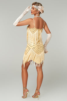 Sparkly Apricot Bodycon Scoop Neck Short 1920s Dress with Fringes