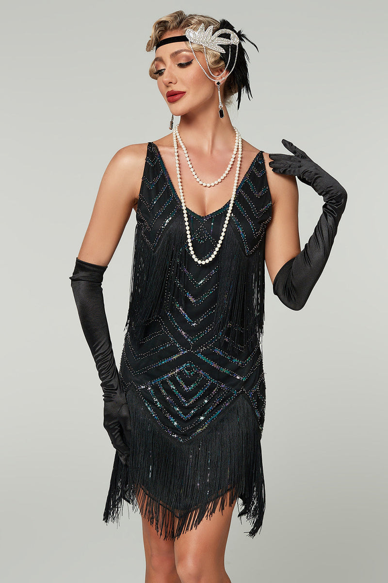 Load image into Gallery viewer, Sparkly Apricot Bodycon Scoop Neck Short 1920s Dress with Fringes