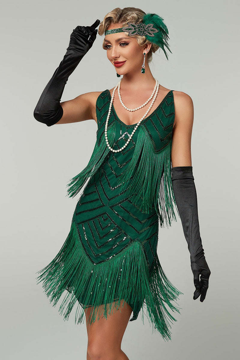 Load image into Gallery viewer, Sparkly Apricot Bodycon Scoop Neck Short 1920s Dress with Fringes