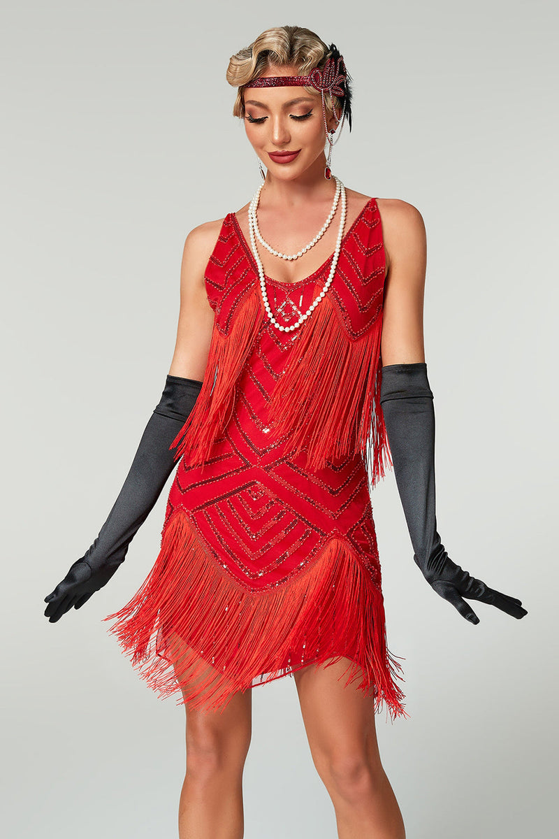 Load image into Gallery viewer, Sparkly Apricot Bodycon Scoop Neck Short 1920s Dress with Fringes