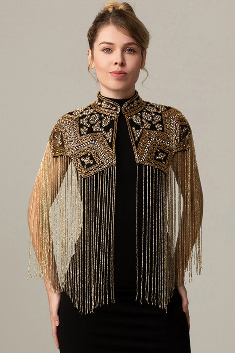 Load image into Gallery viewer, Sparkly Black Golden Beaded 1920s Cape with Fringes