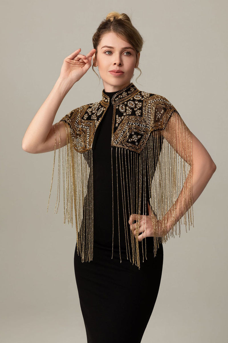 Load image into Gallery viewer, Sparkly Black Golden Beaded 1920s Cape with Fringes