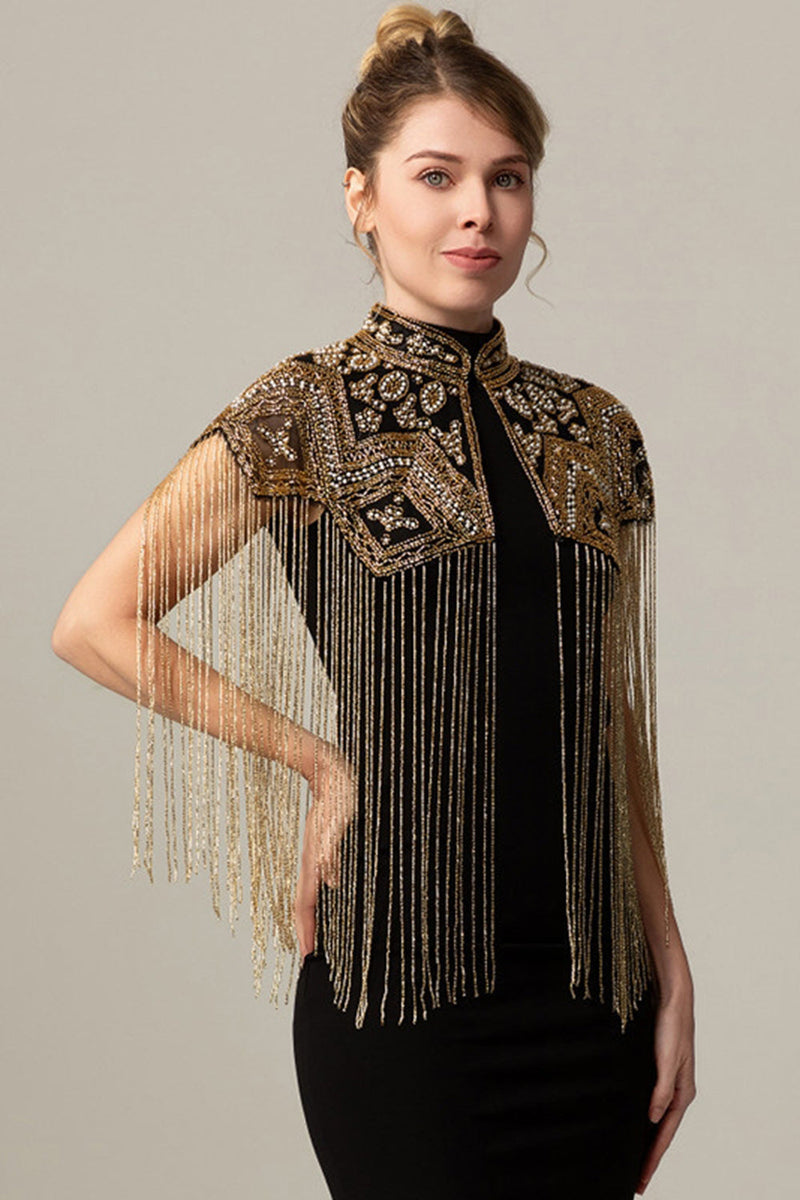 Load image into Gallery viewer, Sparkly Black Golden Beaded 1920s Cape with Fringes