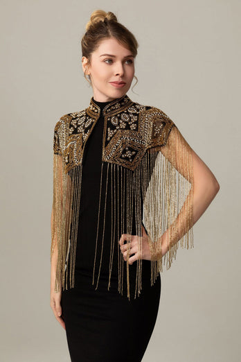 Sparkly Black Golden Beaded 1920s Cape with Fringes