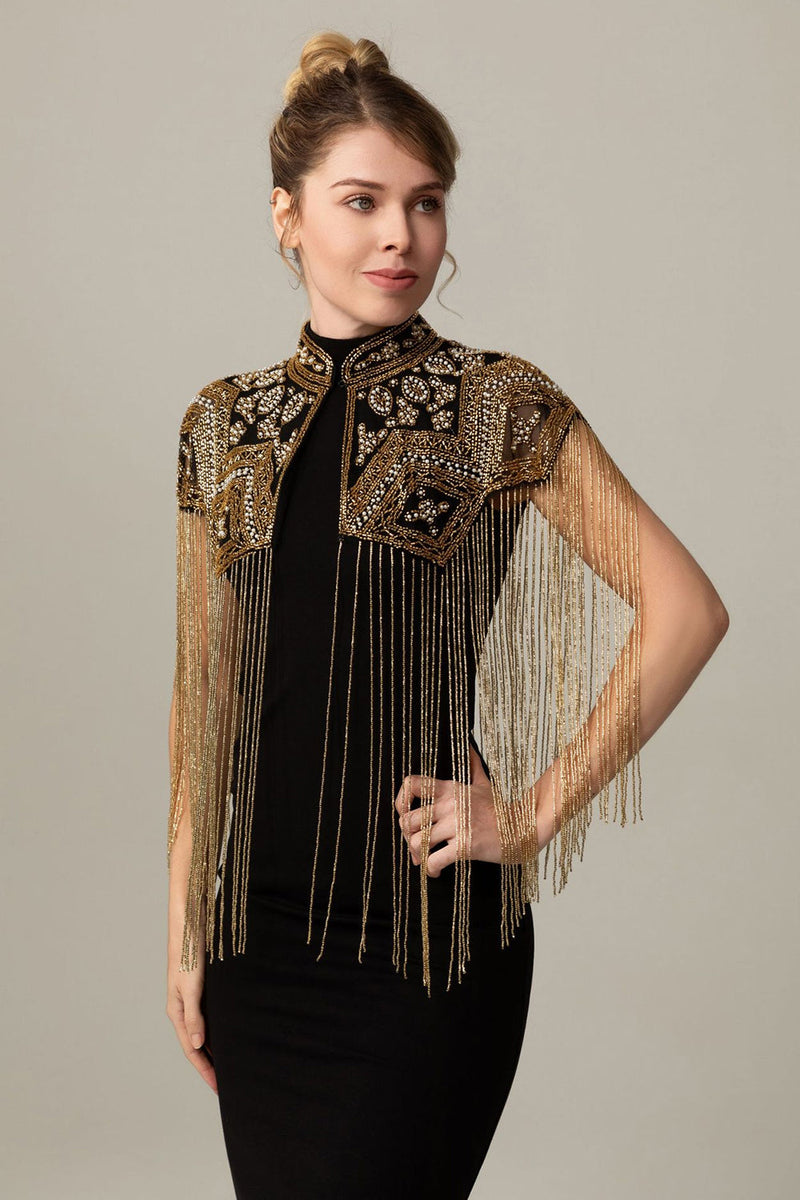 Load image into Gallery viewer, Sparkly Black Golden Beaded 1920s Cape with Fringes