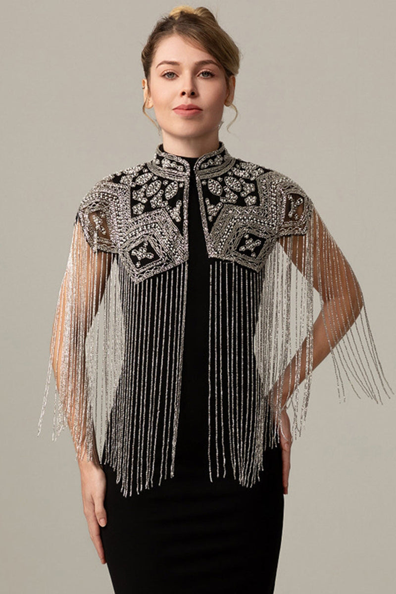 Load image into Gallery viewer, Sparkly Black Golden Beaded 1920s Cape with Fringes