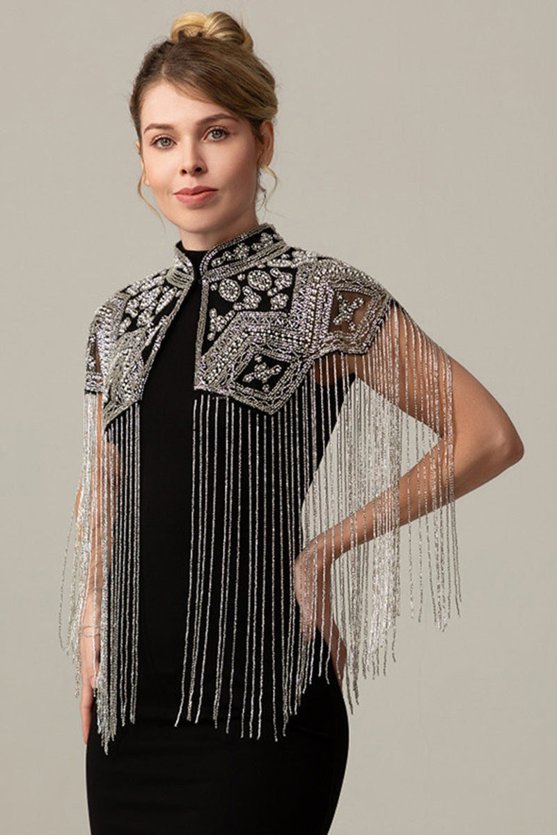 Load image into Gallery viewer, Sparkly Black Golden Beaded 1920s Cape with Fringes