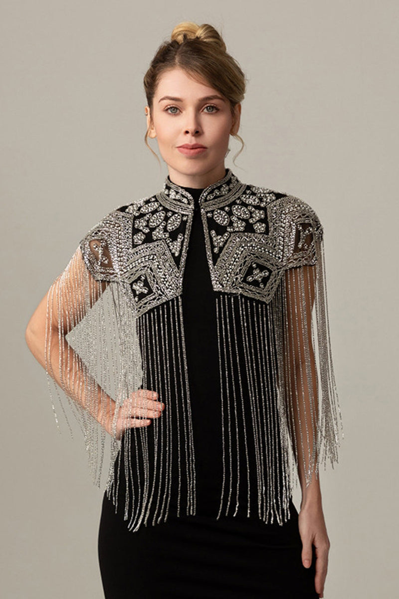 Load image into Gallery viewer, Sparkly Black Golden Beaded 1920s Cape with Fringes