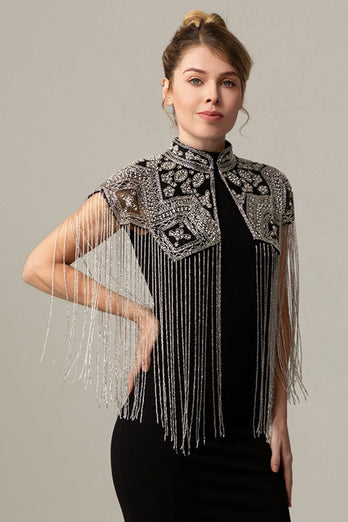 Sparkly Black Golden Beaded 1920s Cape with Fringes