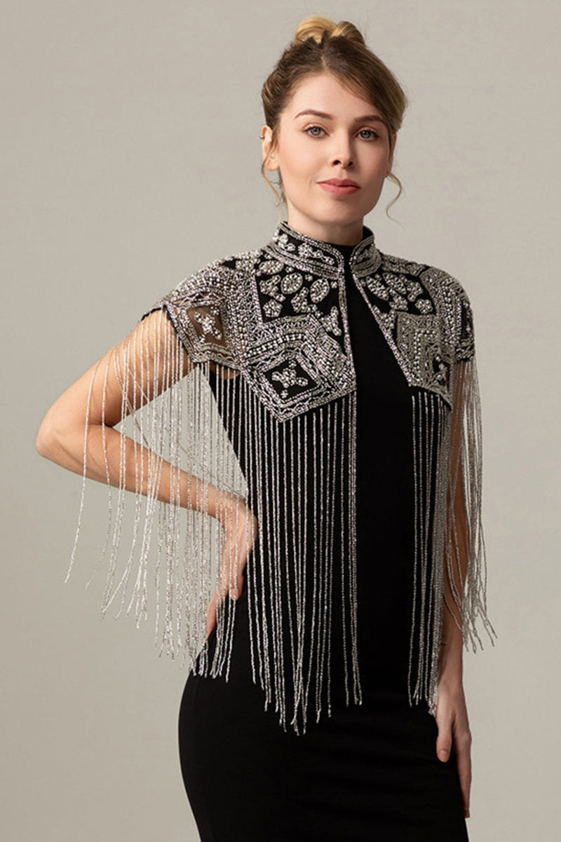 Load image into Gallery viewer, Sparkly Black Golden Beaded 1920s Cape with Fringes