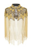 Load image into Gallery viewer, Women Sparkly Black Golden Fringed Beaded 1920s Cape – Vintage Great Gatsby Flapper Shawl for Party or Special Occasions
