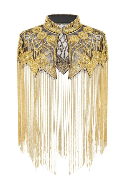 Women Sparkly Black Golden Fringed Beaded 1920s Cape – Vintage Great Gatsby Flapper Shawl for Party or Special Occasions