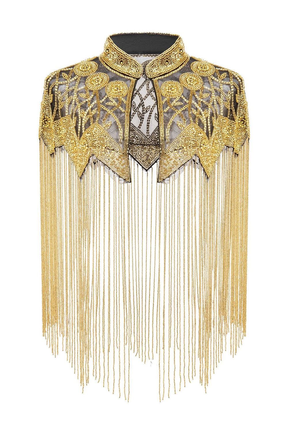 Women Sparkly Black Golden Fringed Beaded 1920s Cape – Vintage Great Gatsby Flapper Shawl for Party or Special Occasions