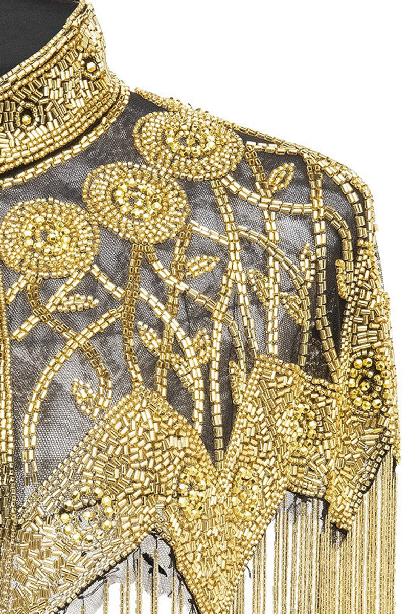 Load image into Gallery viewer, Sparkly Black Golden Fringed Beaded 1920s Cape