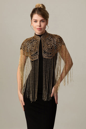 Sparkly Black Golden Fringed 1920s Cape with Beading
