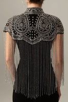 Load image into Gallery viewer, Sparkly Black Golden Fringed 1920s Cape with Beading