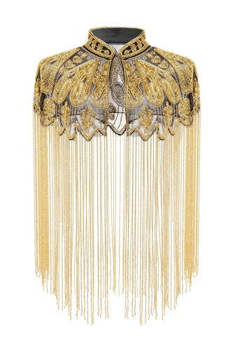 Sparkly Black Golden Beaded Fringed 1920s Cape