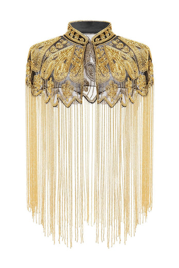 Sparkly Black Golden Beaded Fringed 1920s Cape