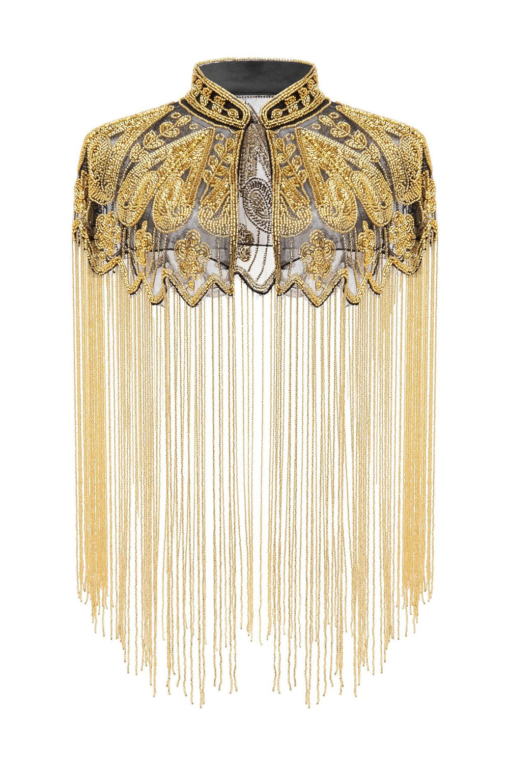 Sparkly Black Golden Beaded Fringed 1920s Cape