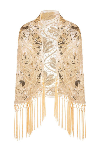Sparkly Apricot Beaded Fringed 1920s Cape with Sequins