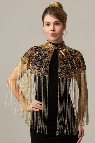 Sparkly Beaded Black Golden 1920s Cape with Fringes