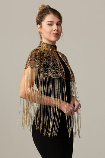 Sparkly Beaded Black Golden 1920s Cape with Fringes