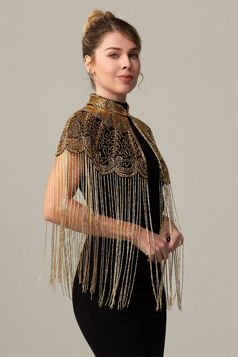 Load image into Gallery viewer, Sparkly Beaded Black Golden 1920s Cape with Fringes