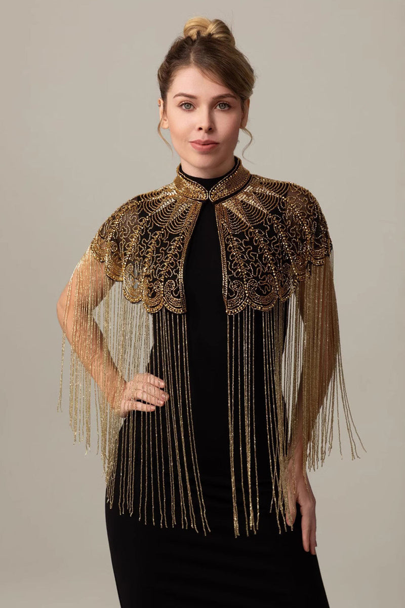 Load image into Gallery viewer, Sparkly Beaded Black Golden 1920s Cape with Fringes