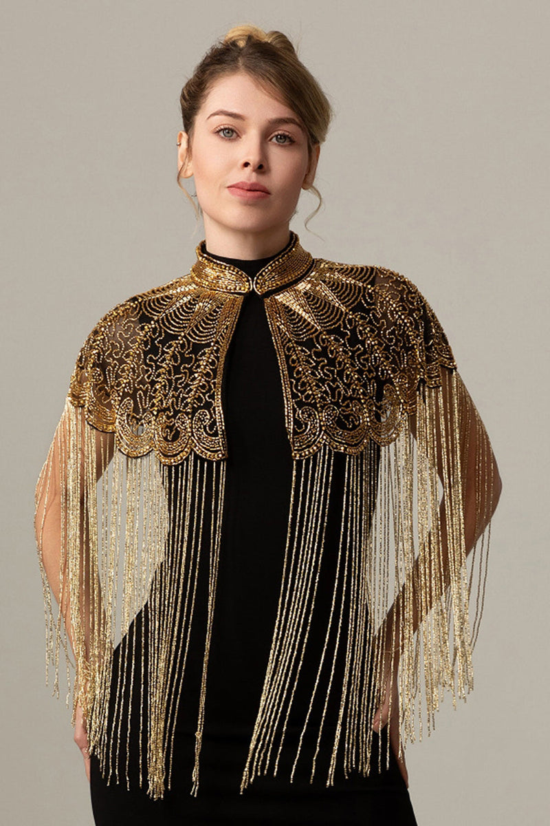 Load image into Gallery viewer, Sparkly Beaded Black Golden 1920s Cape with Fringes