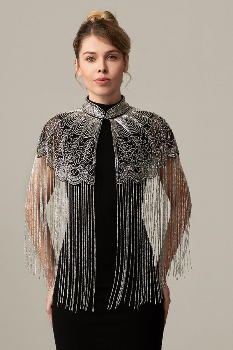 Load image into Gallery viewer, Sparkly Beaded Black Golden 1920s Cape with Fringes