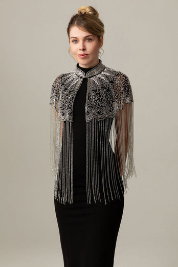 Sparkly Beaded Black Golden 1920s Cape with Fringes