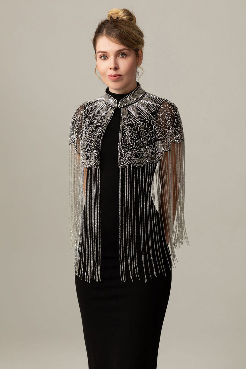 Load image into Gallery viewer, Sparkly Beaded Black Golden 1920s Cape with Fringes