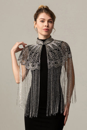 Sparkly Beaded Black Golden 1920s Cape with Fringes