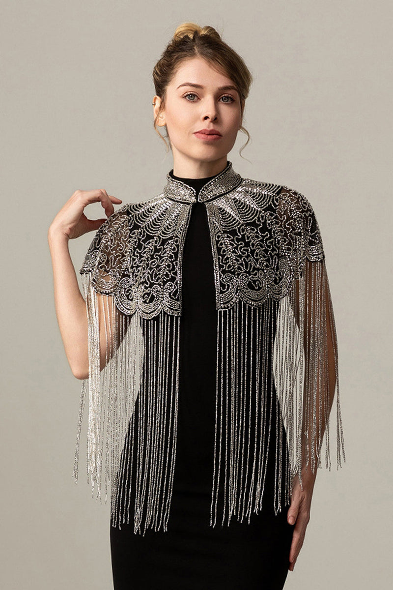 Load image into Gallery viewer, Sparkly Beaded Black Golden 1920s Cape with Fringes