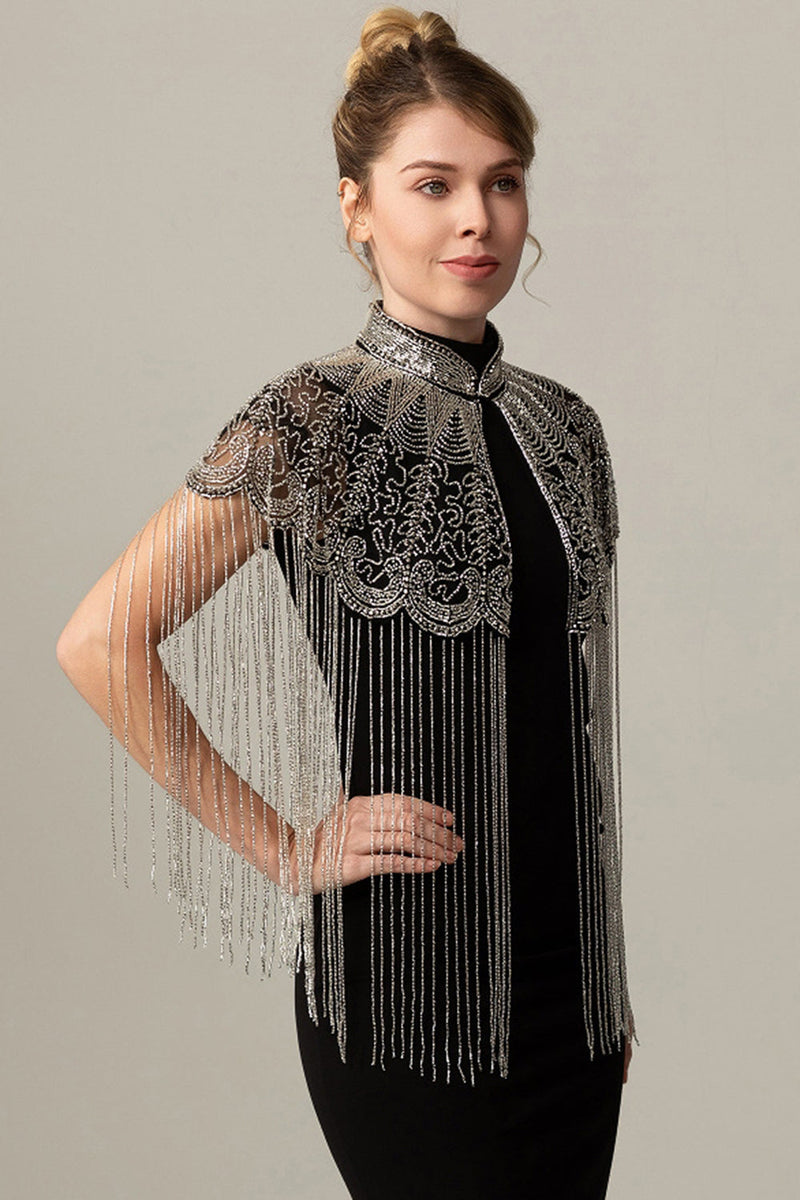 Load image into Gallery viewer, Sparkly Beaded Black Golden 1920s Cape with Fringes