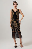 Load image into Gallery viewer, Sparkly Black Golden Bodycon Beaded Short 1920s Dress with Fringes