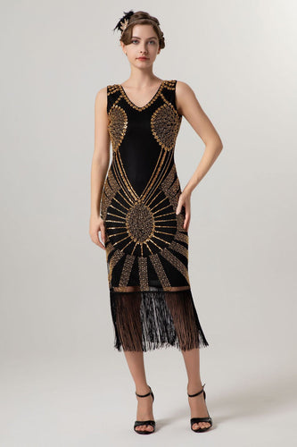 Sparkly Black Golden Bodycon Beaded Short 1920s Dress with Fringes