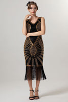 Load image into Gallery viewer, Sparkly Black Golden Bodycon Beaded Short 1920s Dress with Fringes