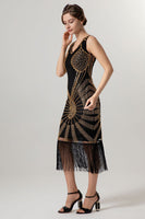 Load image into Gallery viewer, Sparkly Black Golden Bodycon Beaded Short 1920s Dress with Fringes