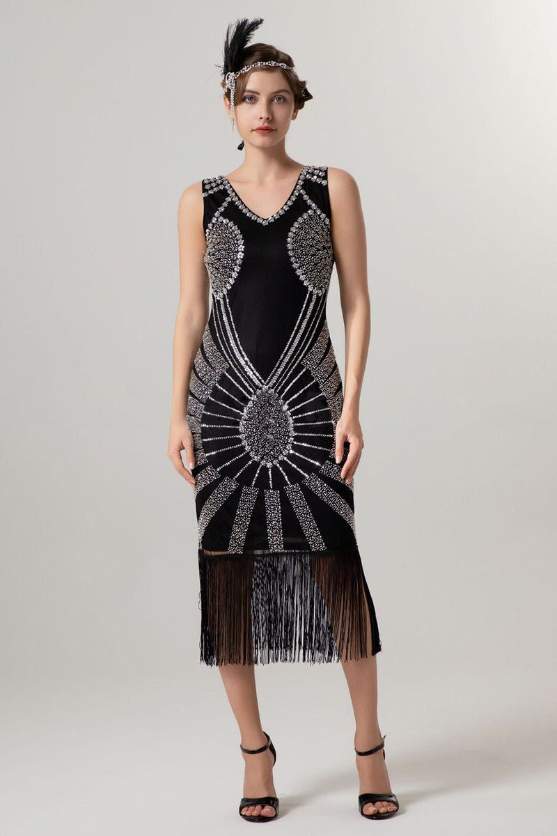 Load image into Gallery viewer, Sparkly Black Golden Bodycon Beaded Short 1920s Dress with Fringes