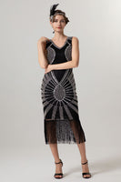 Load image into Gallery viewer, Sparkly Black Golden Bodycon Beaded Short 1920s Dress with Fringes