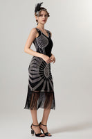 Load image into Gallery viewer, Sparkly Black Golden Bodycon Beaded Short 1920s Dress with Fringes