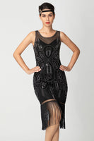 Load image into Gallery viewer, Sparkly Black Fringed Bodycon Beaded Short 1920s Dress with Sequins