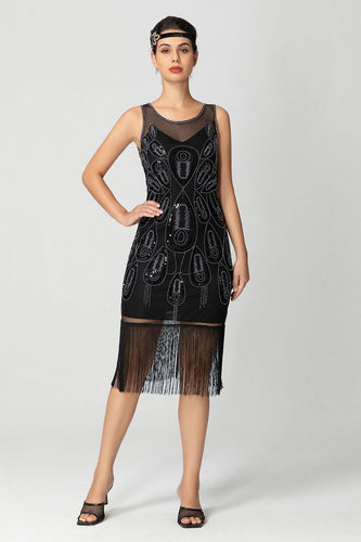 Sparkly Black Fringed Bodycon Beaded Short 1920s Dress with Sequins