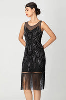 Load image into Gallery viewer, Sparkly Black Fringed Bodycon Beaded Short 1920s Dress with Sequins