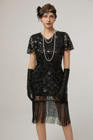 Load image into Gallery viewer, Sparkly Black Sequin Bodycon Short Sleeves 1920s Dress with Fringes